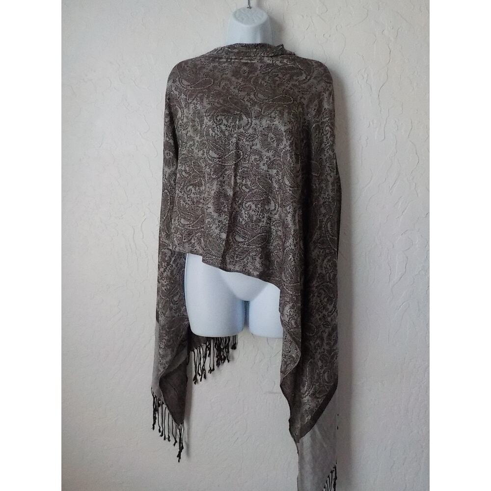 Time Tru Brown Beige Paisley Wrap Scarf with Tassels 75x27" Soft Rayon Blend